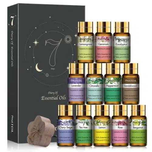 1coffret noir et 12 bouteilles d'huile essentielles et un diffuse bois